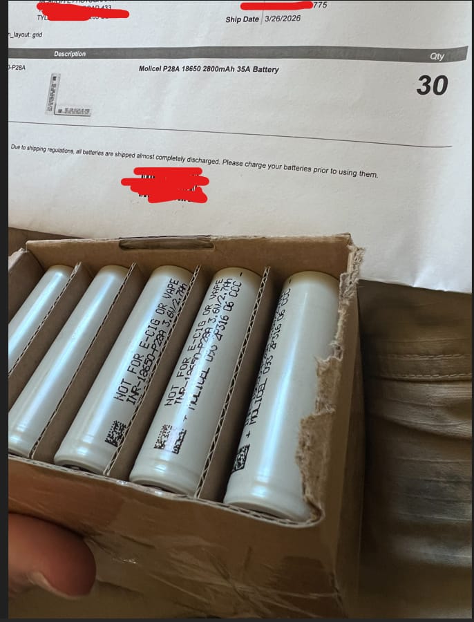 Customer photo review of Molicel P28A 18650 2800mAh 35A Battery
