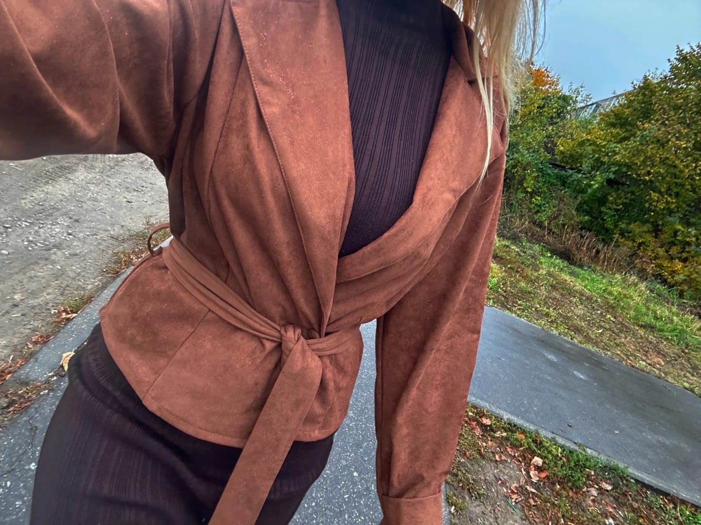 Customer photo review of Ruth Faux Suede Belted Wrap Jacket