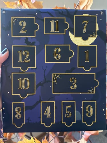 Kundenfoto des Shelf of Shadows Halloween Adventskalenders, ein dunkelblauer Karton mit 12 nummerierten Türchen.