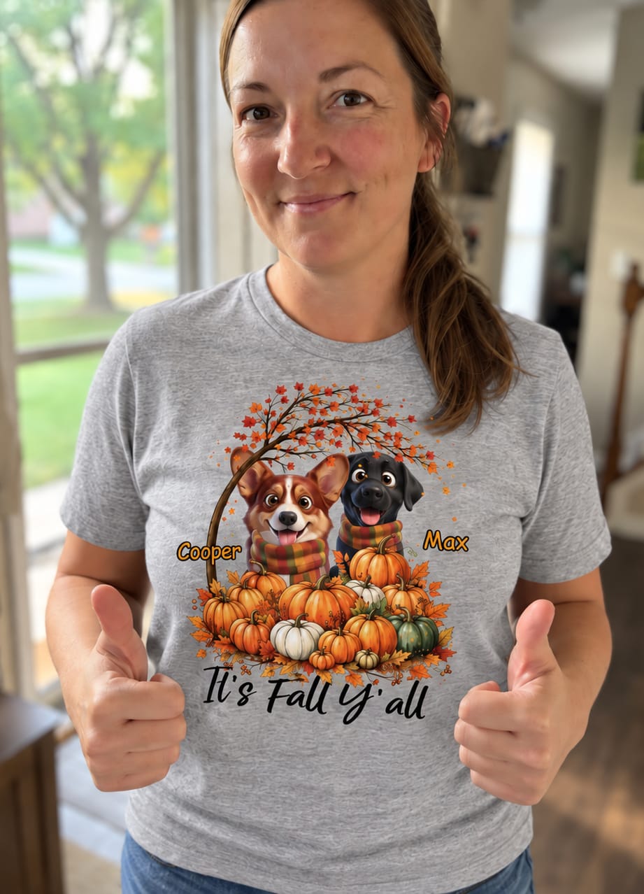 Customer photo review of It's Fall Y'all Custom Dogs Autumn T-shirt for Dog Mom Dog Dad FSDM66