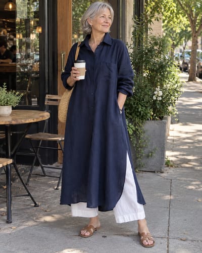 Customer's navy shirt dress with pockets worn with wide-leg white pants on a city sidewalk.
