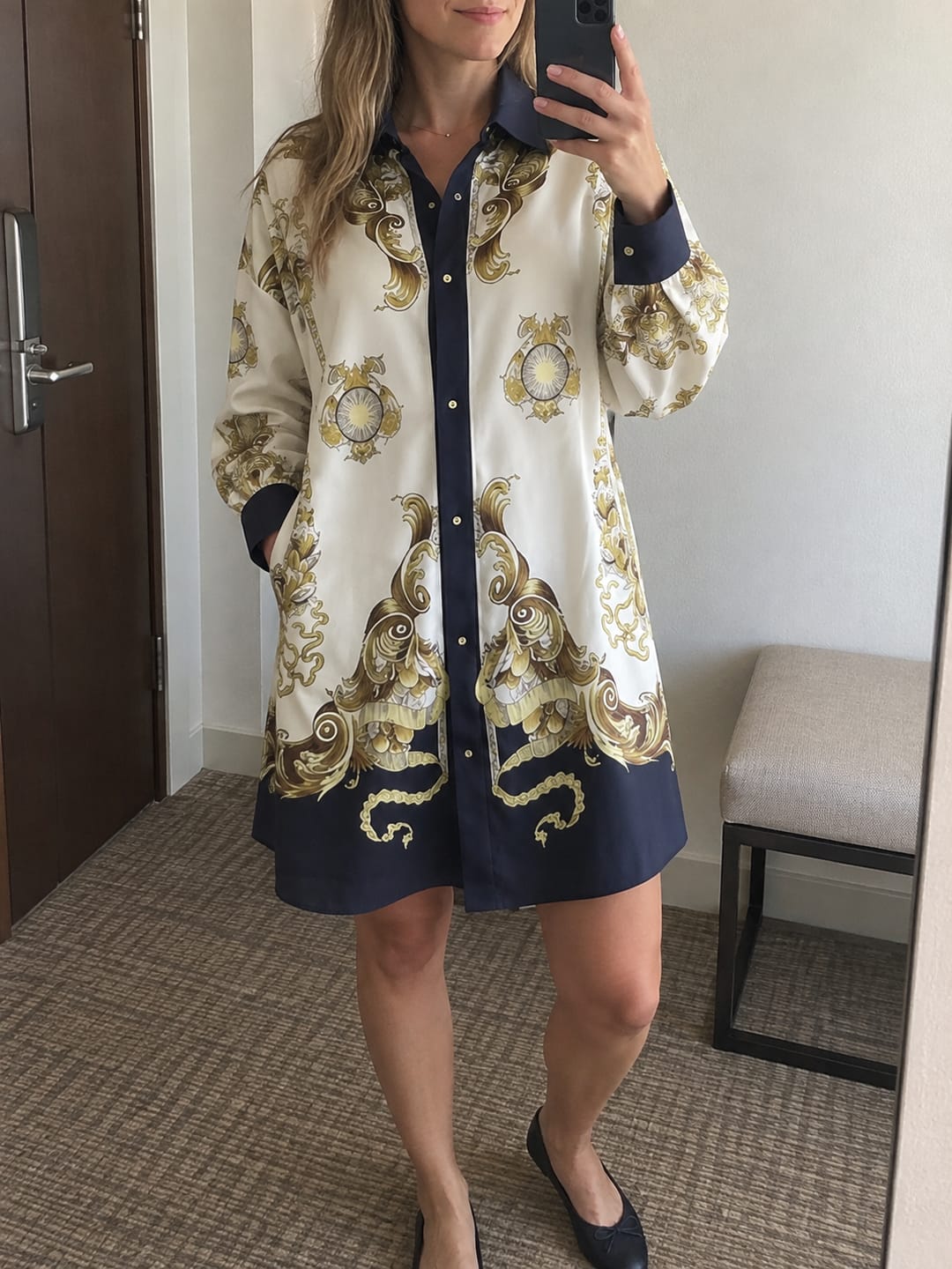 Customer photo review of Printed Pockets Buttoned Loose Long Sleeves Lapel Mini Dresses