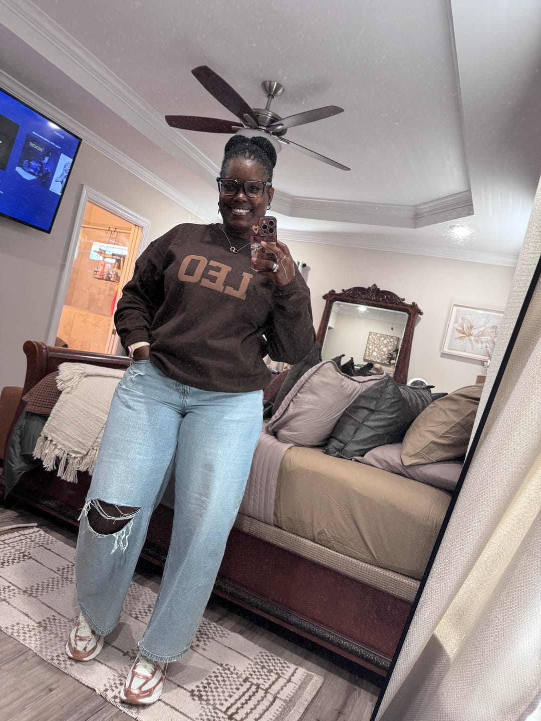 Customer photo review of Chocolate Zodiac Puff Print Crewneck
