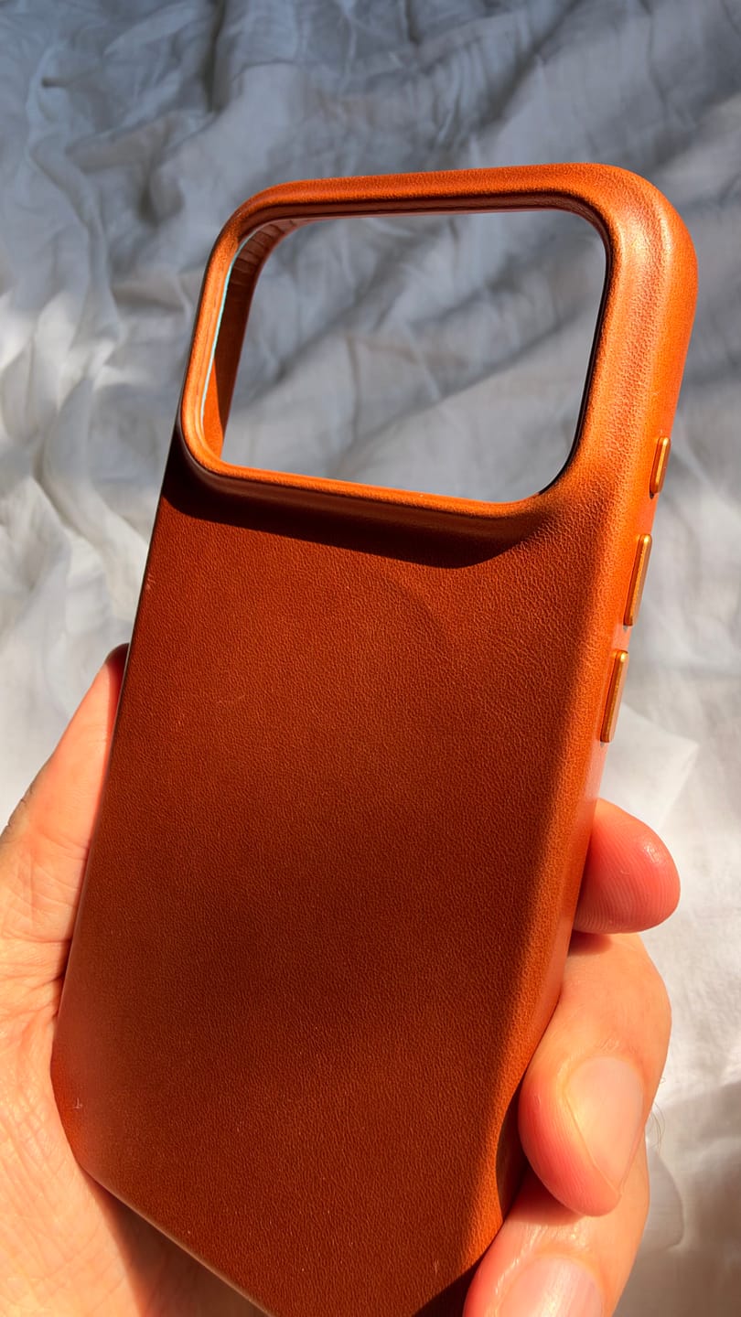 Customer photo review of The Minimalist Full-Grain Leather iPhone 18 Pro MagSafe Case - Saddle Tan