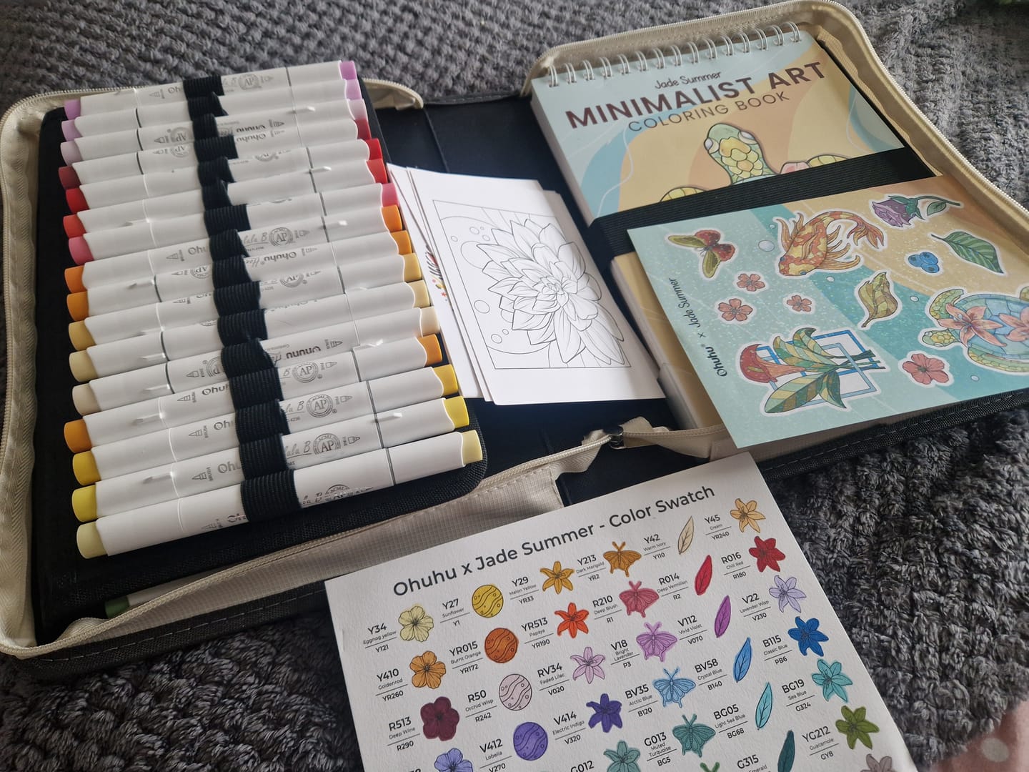Customer photo review of Ohuhu x Jade Summer Alcohol Markers & Coloring Book Set, 47 Colors + 1 Colorless Blender, Honolulu B, Brush & Fine Dual Tips
