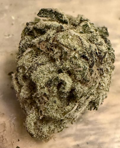 Customer's close-up of a single dense, trichome-covered Divine Banana hemp bud.