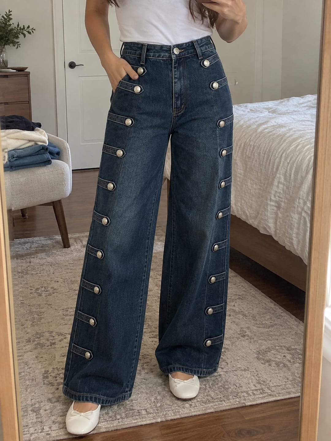 Customer photo review of Pockets Buttoned Wide Leg Loose Jean Pants Bottoms