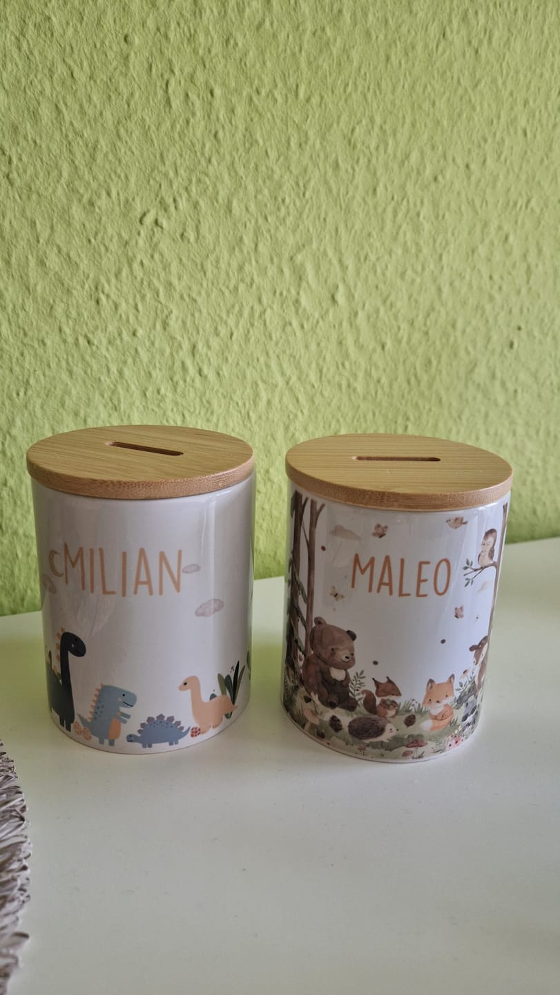 Customer photo review of Personalisierte Spardose Waldfreunde I – Keramik & Bambus mit Wunschname