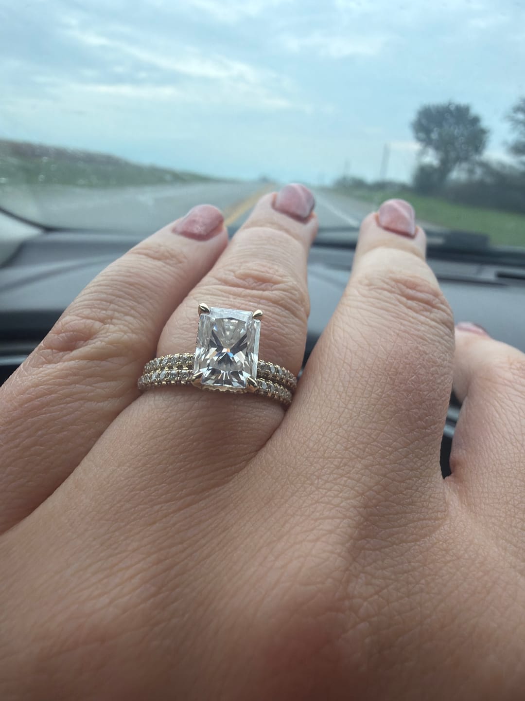 Customer photo review of doveggs paved radiant moissanite bridal set (2 rings)