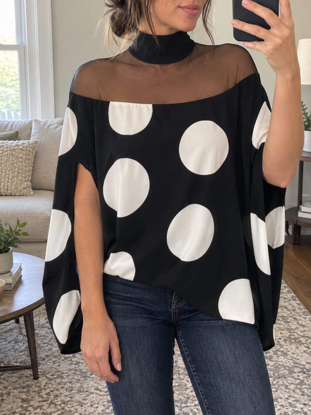Customer photo review of Split-Joint See-Through Polka-Dot Contrast Color Loose Cape High-neck Blouses&shirts Tops