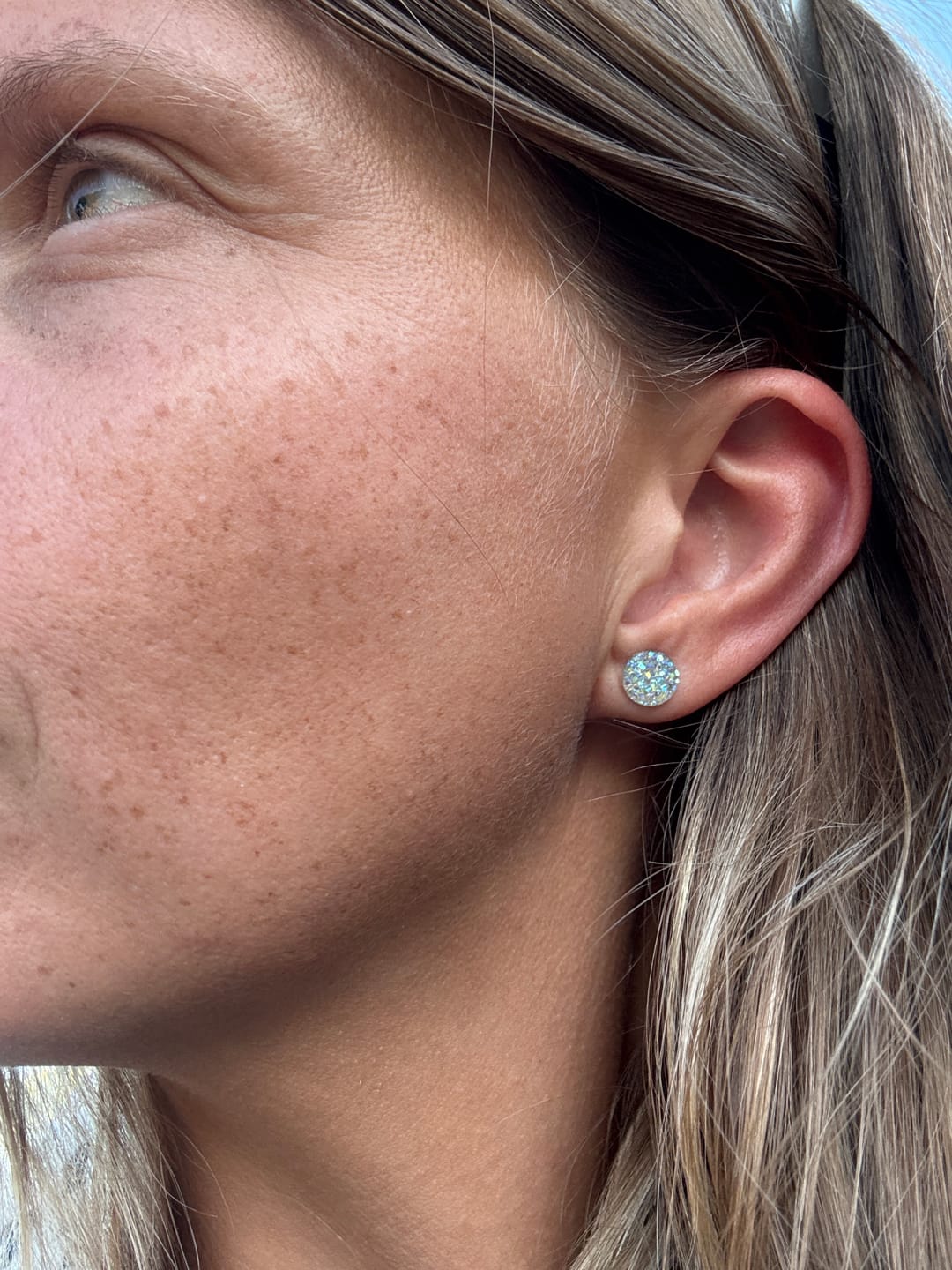 Customer photo review of Petite Faux Druzy Studs Hypoallergenic Earrings for Sensitive Ears with Plastic Posts