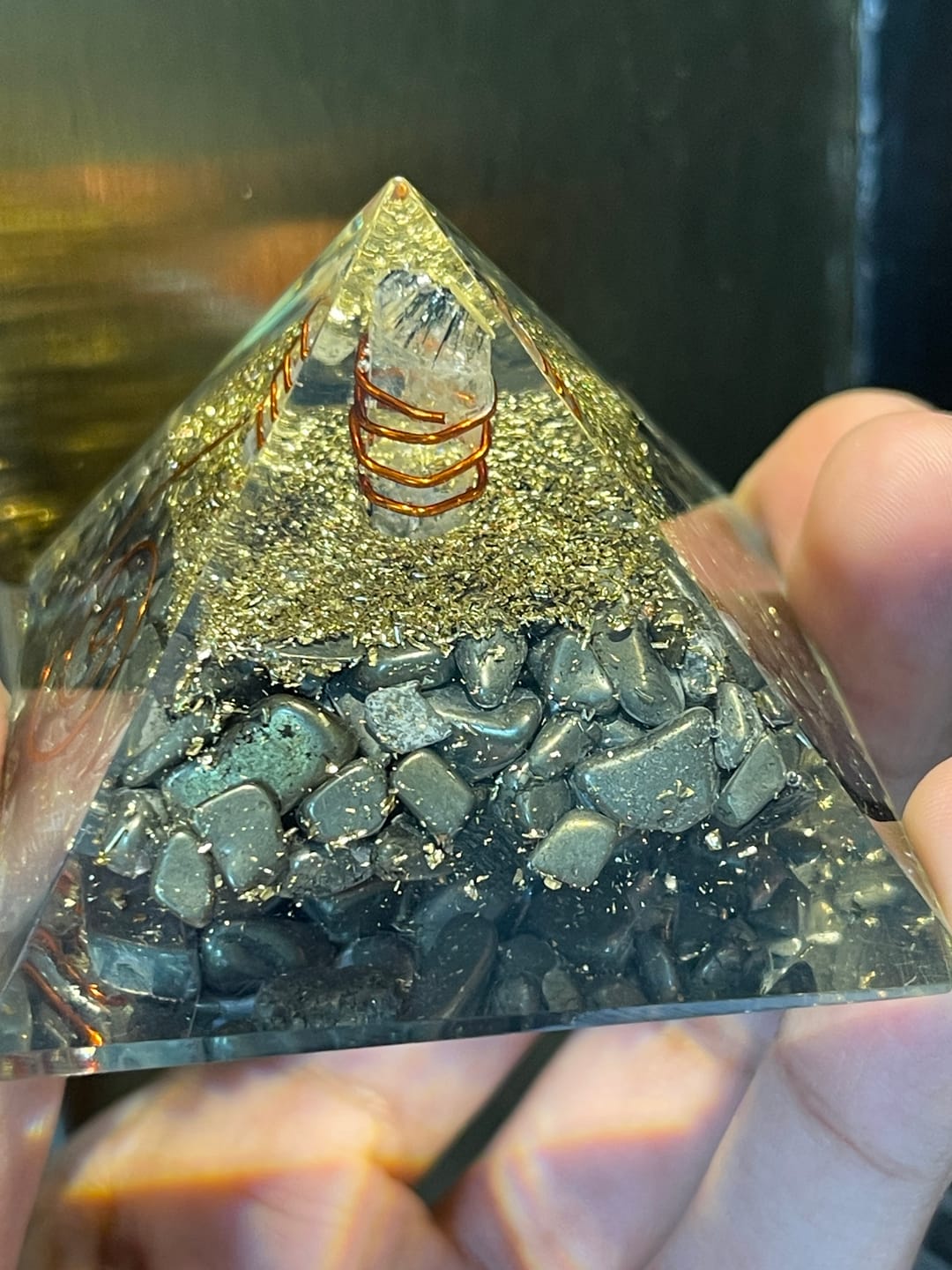 Customer photo review of Pyrite Copper Coil Orgone Pyramid Vastu Remedy for Wealth Magnetism, Money Protection and Prosperity Support for Home, Office and Business Spaces | 6.5 cm | 150 g