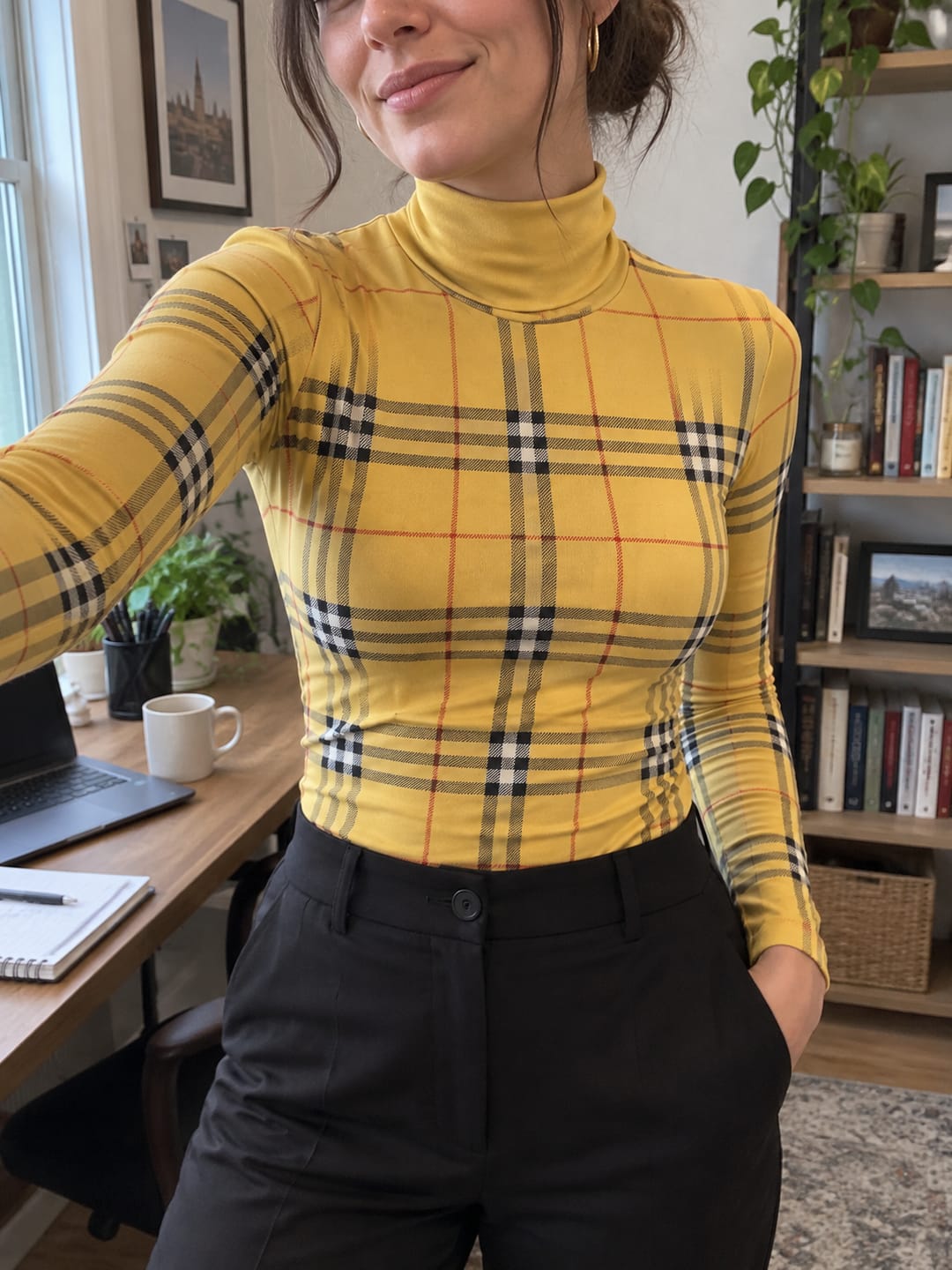Customer photo review of Plaid Contrast Color Skinny Long Sleeves High-neck T-Shirts Tops