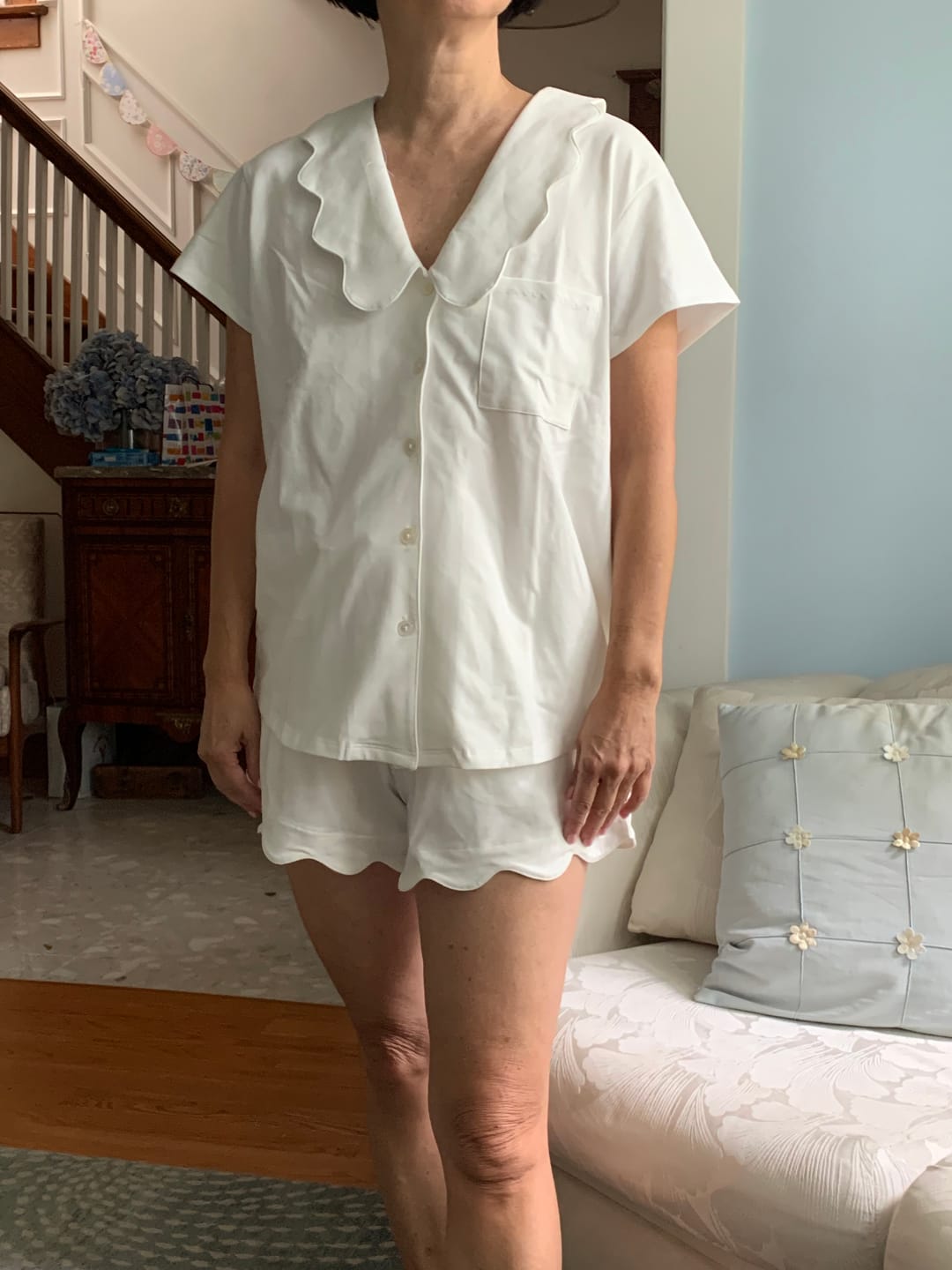 Customer photo review of Ladies Scalloped Collared Short Set - WHITE
