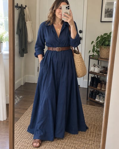Customer's navy blue shirt maxi dress styled with a brown belt and sandals, captured in a mirror selfie.