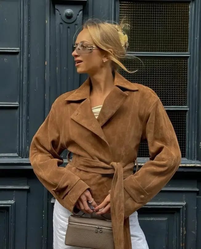 Customer photo review of Ruth Faux Suede Belted Wrap Jacket