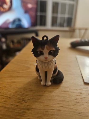 Customer's Personalized Pet 3D Figure Keychain featuring a small calico cat figure on a wooden surface.