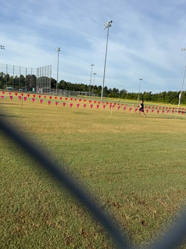 Reviewer's view of an athletic track field with a runner in the distance, finding pain relief while running.