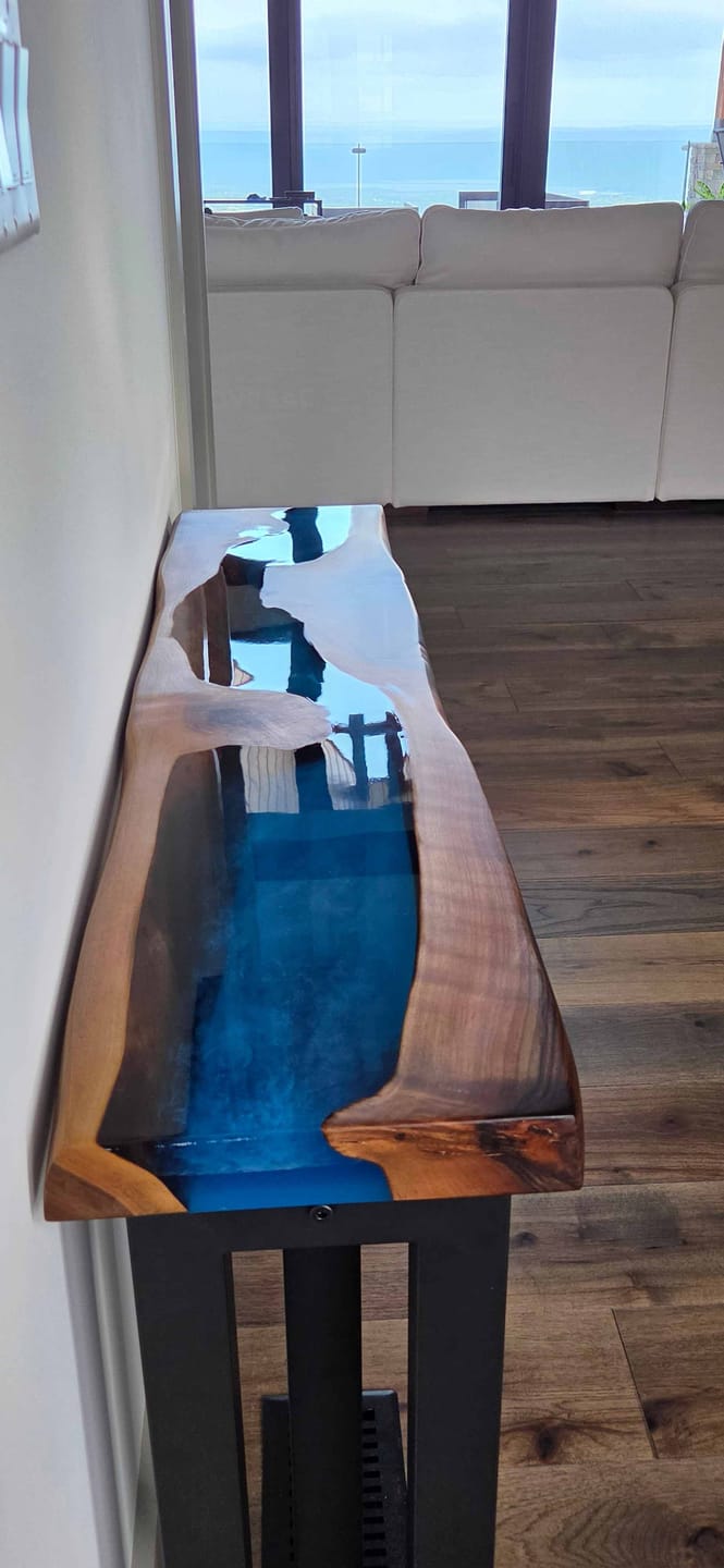 Customer photo review of Custom Black Walnut Blue Epoxy Console Table - K31