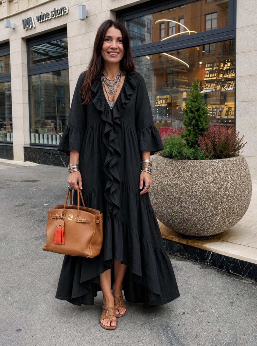 Customer photo review of Split-Joint Solid Color Ruffled Pleated Loose Long Sleeves V-neck Maxi Dresses