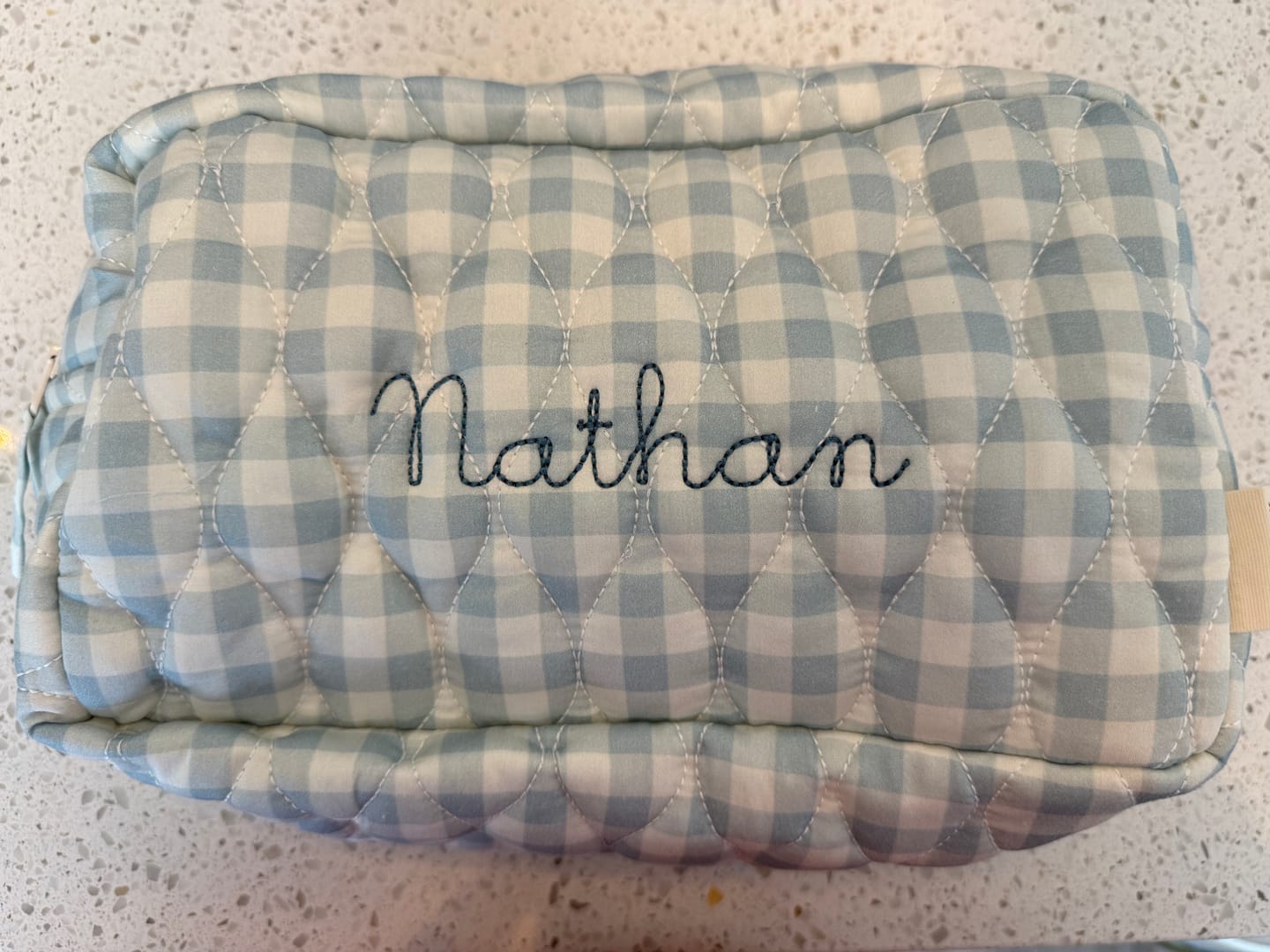 Customer photo review of Toiletry Pouch - Blue Gingham