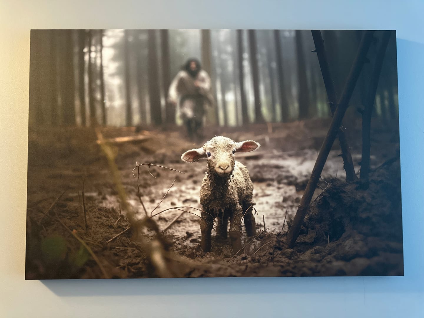 Customer photo review of Jesus Running After a Lost Lamb, Jesus and Lamb Picture, Wall Art Canvas
