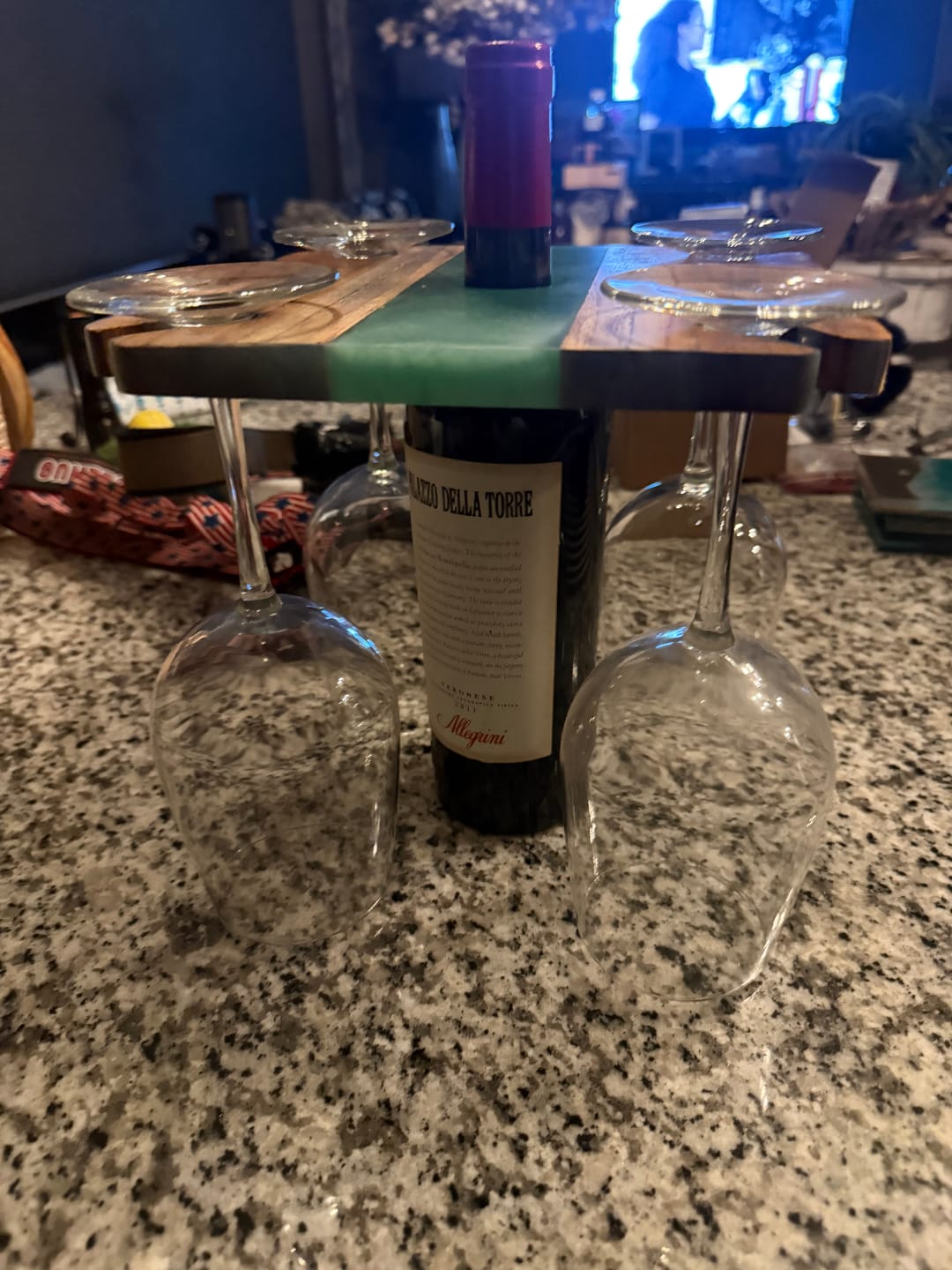 Customer photo review of 9x9" Four Glass Wine Caddy 3 Acrylic Router Template