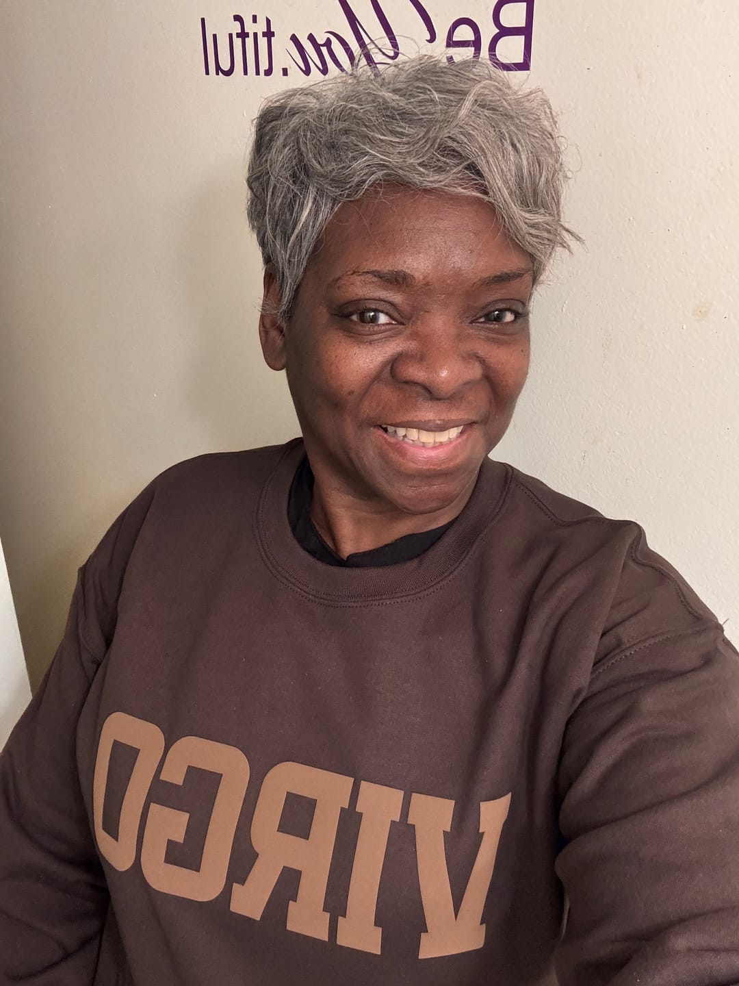 Customer photo review of Chocolate Zodiac Puff Print Crewneck