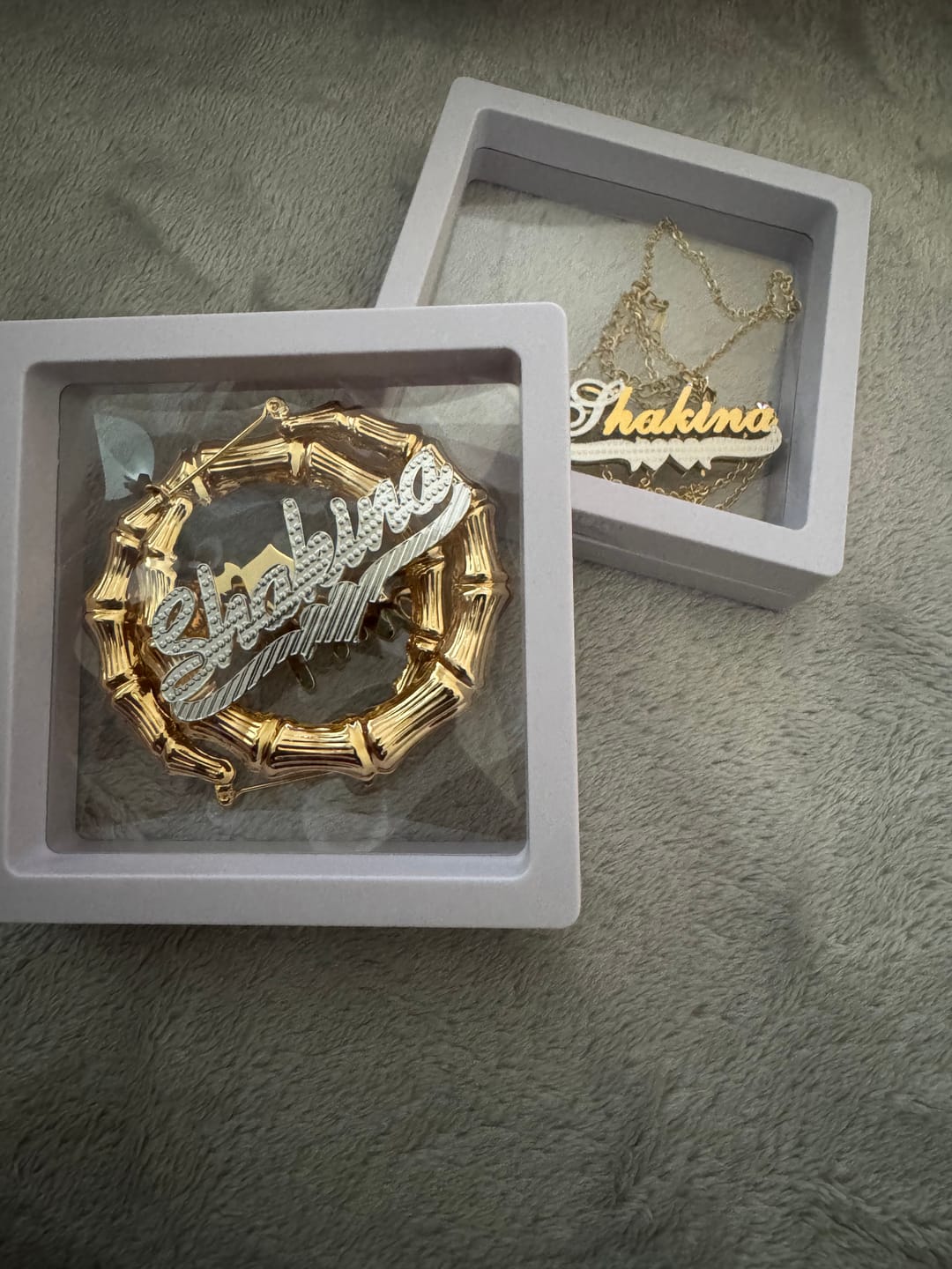 Customer photo review of Double Plated Bamboo Name Hoop Earrings
