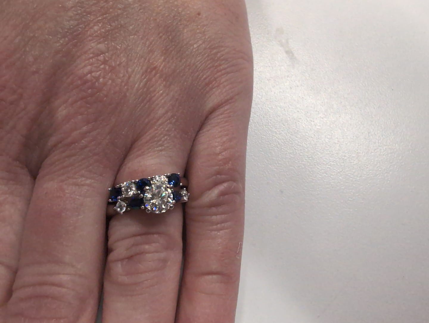 Customer photo review of Five Stone Moissanite And Sapphire Engagement Ring