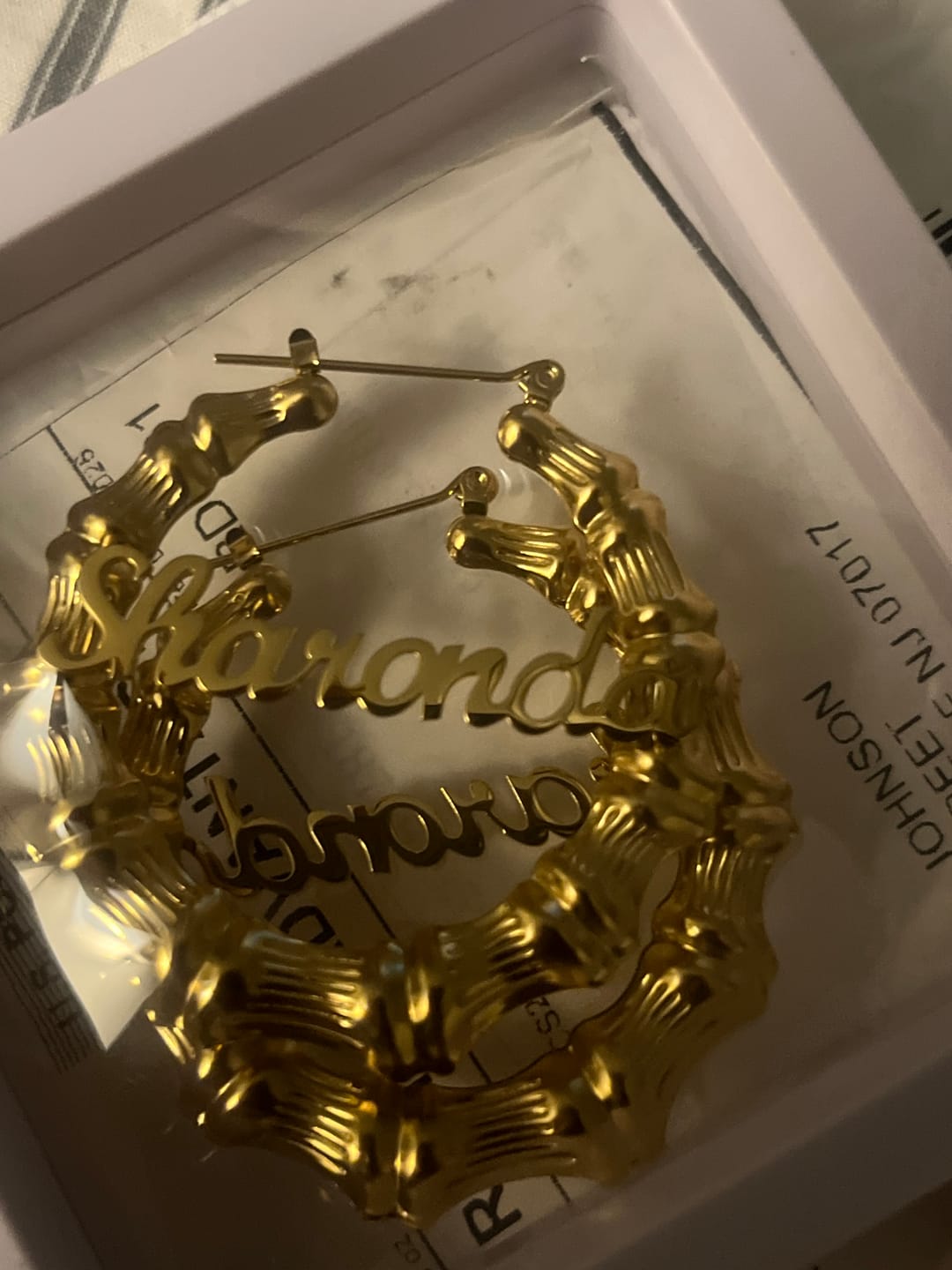 Customer photo review of Bamboo Name Hoop Earrings