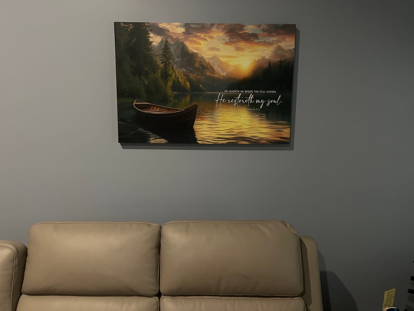 Customer photo review of He Leadeth Me Beside The Still Waters Psalm 23:2-3 Bible Verse Wall Art Canvas