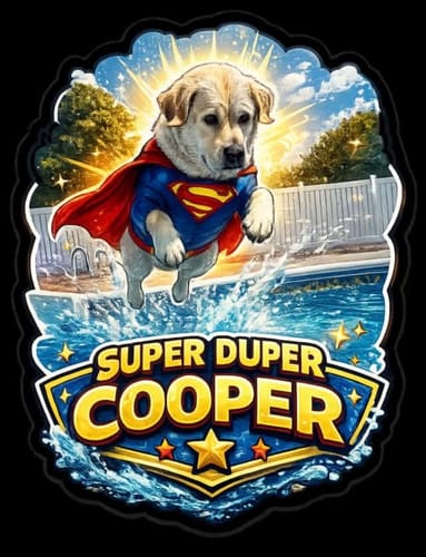 Customer's custom vinyl sticker featuring a dog in a superhero cape jumping into a pool with the text Super Duper Cooper