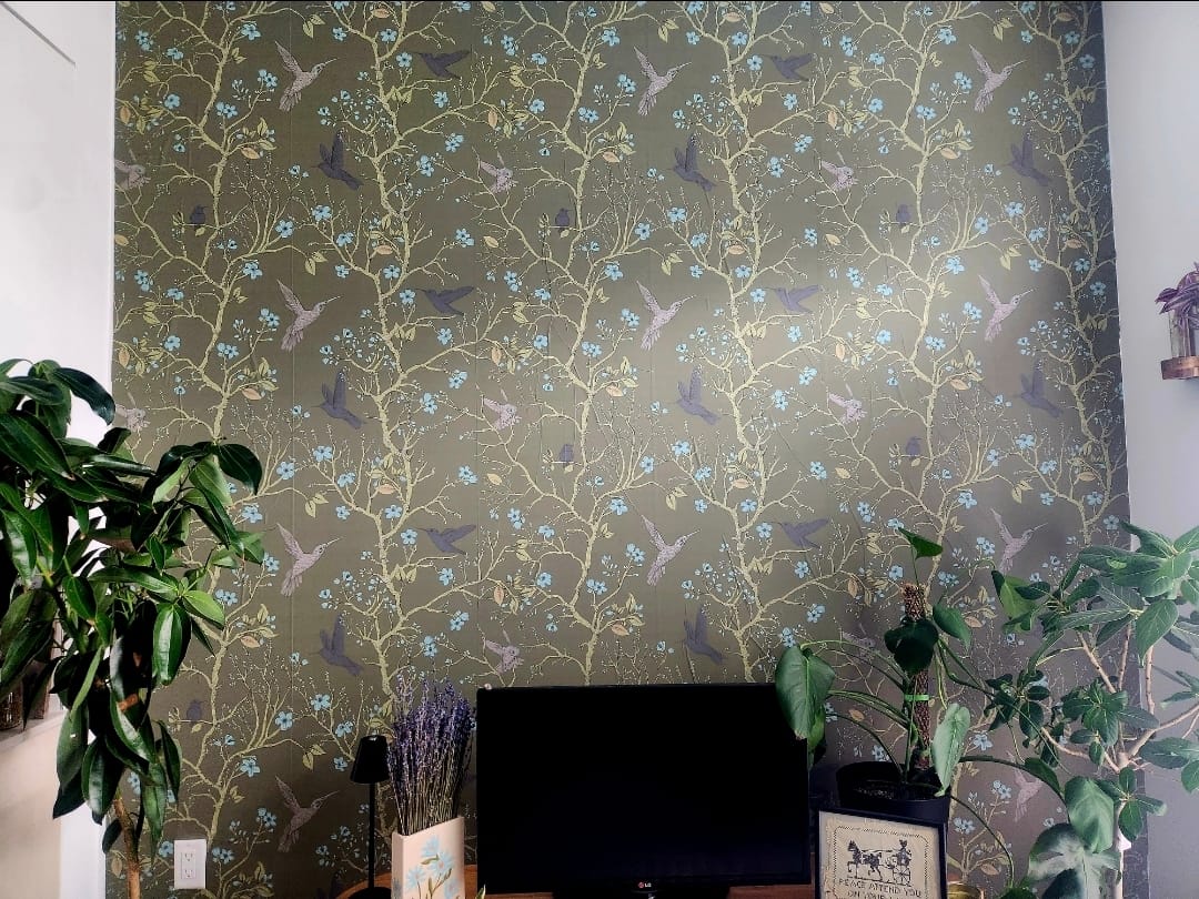 Customer photo review of Derora - Chinoiserie Trees, Birds & Flowers Peel & Stick Wallpaper