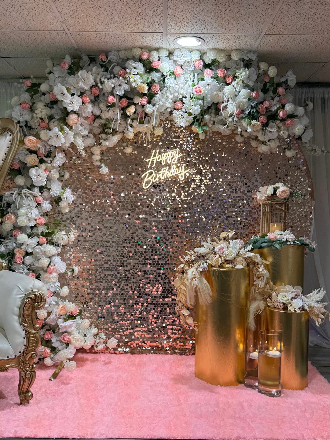 Customer photo review of 6+7FT White Rose and Hydrangea Horn-Shaped Flower Wall with Greenery for Party Decor
