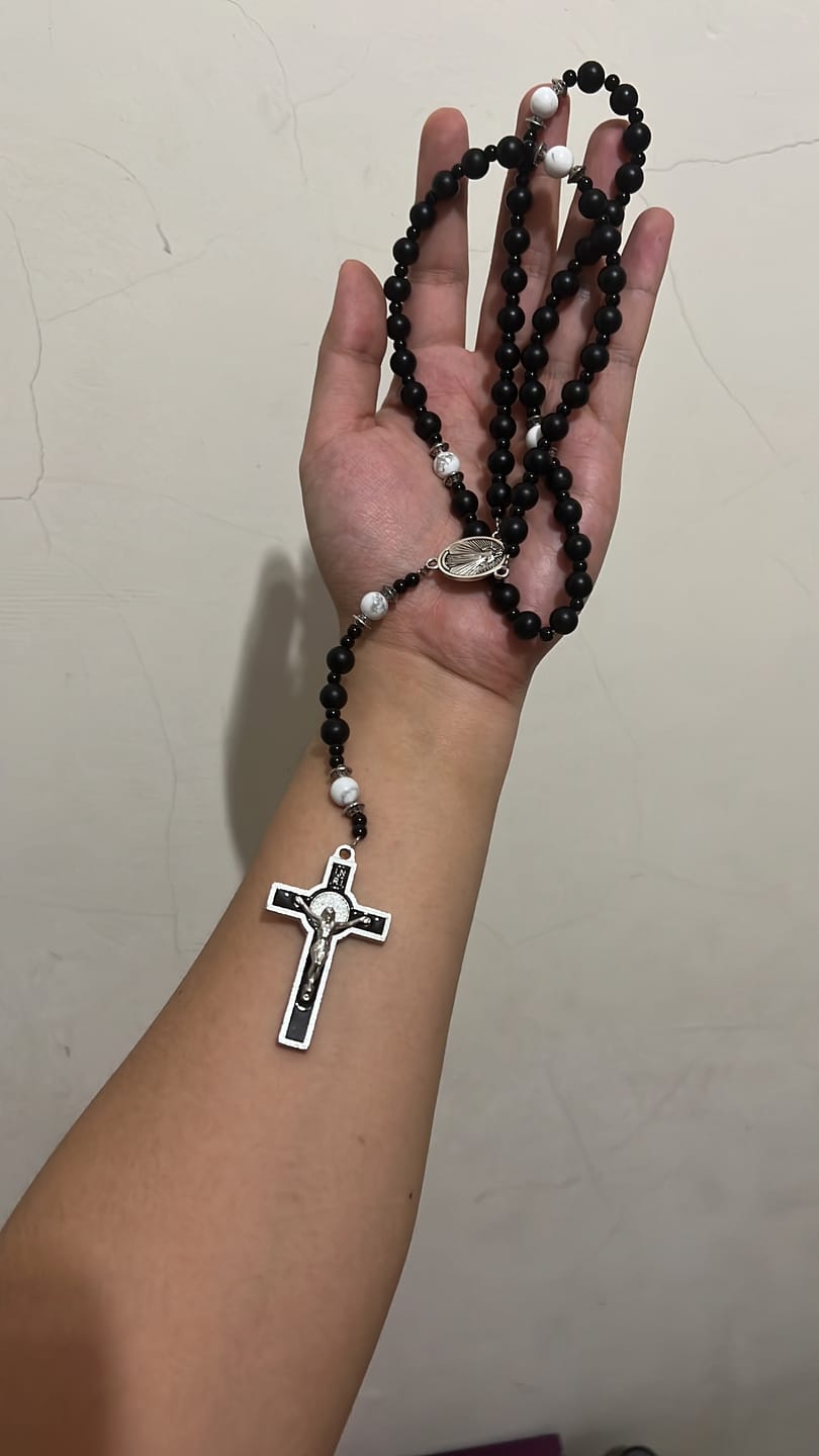 Customer photo review of Christianartworkshop Handcrafted Matte Black Beads Rosary with Crucifix & Our Lady of Guadalupe