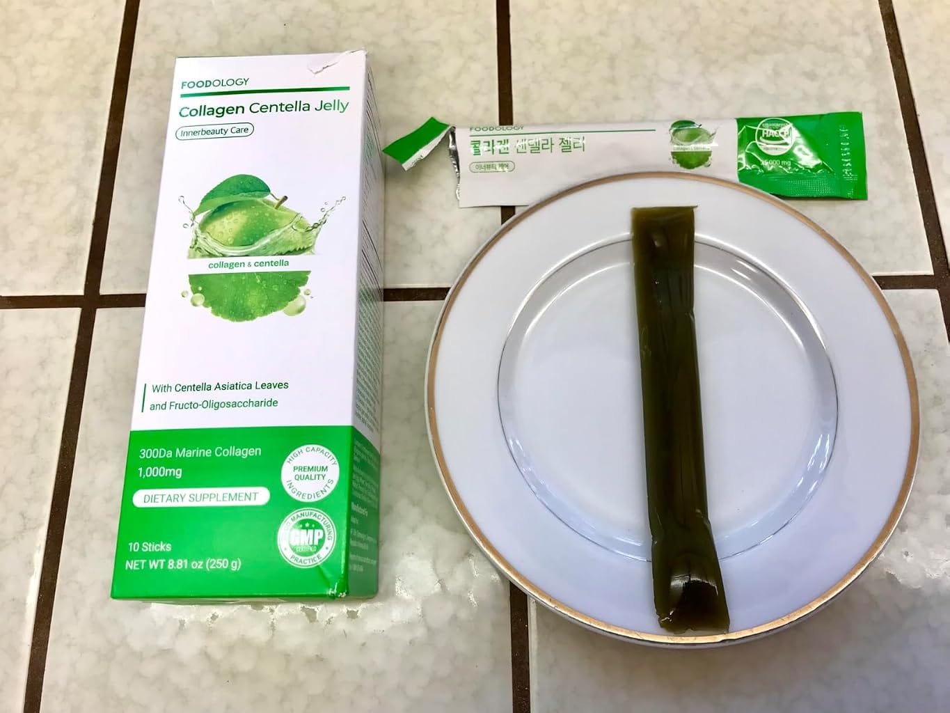 Customer photo review of FOODOLOGY Collagen Centella Jelly (Green Apple) – Collagen Peptide with PDRN – Biotin, Vitamin A & E for Skin Glow, Hair & Nails – 10 Sticks