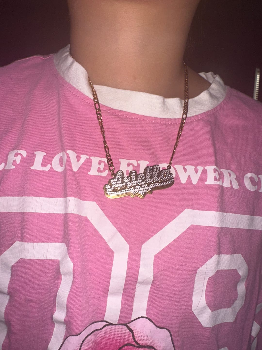 Customer photo review of Double Plated Pop Out Heart Name Necklace w/ Figaro Chain