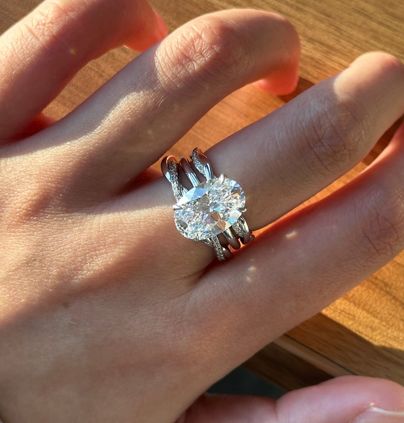 Customer photo review of S925 3PC 5.5Ct Solitaire Oval Cut Ring & Twist Eternity Wedding Band Statement Ring Sets
