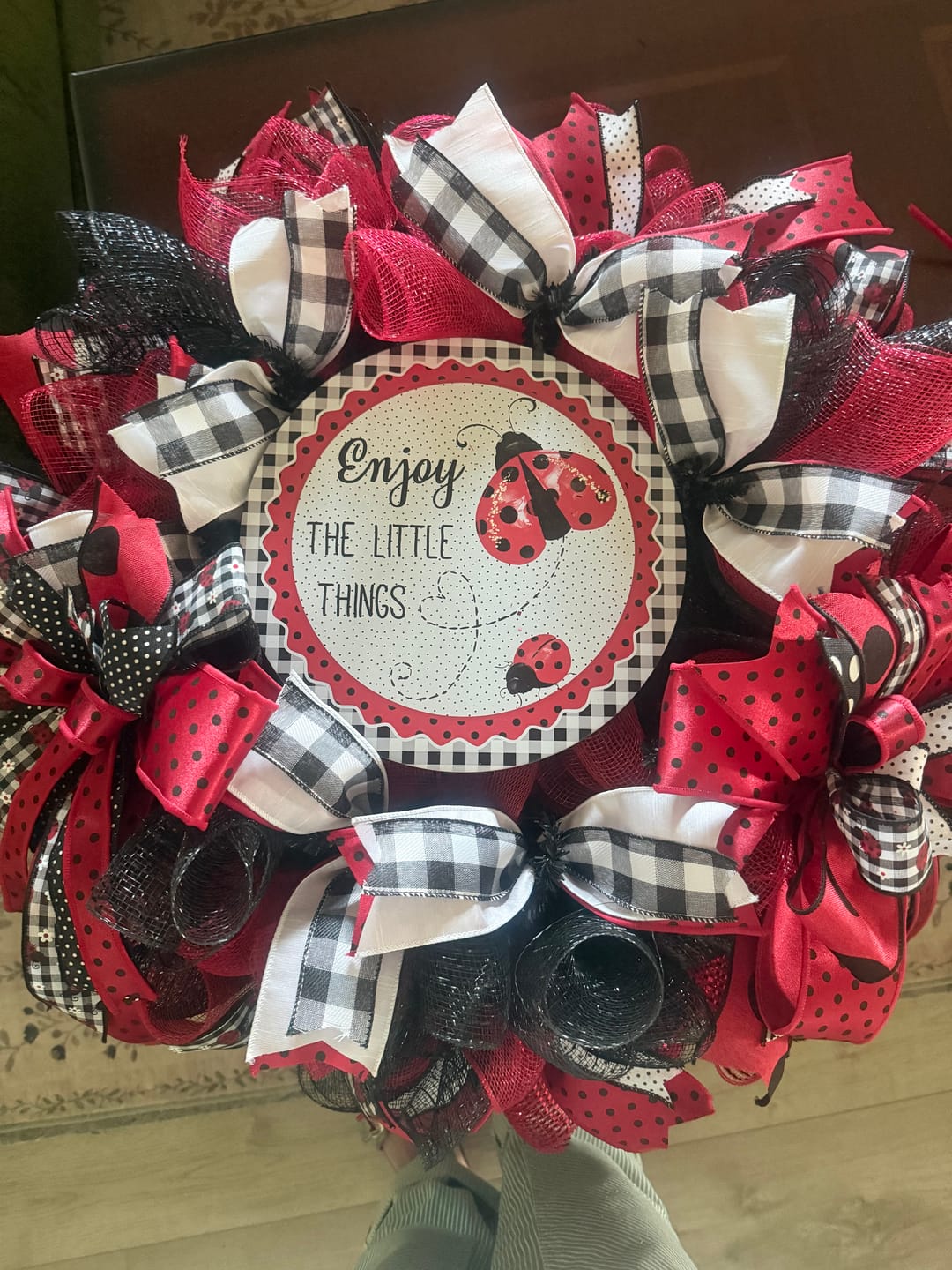 Customer photo review of Wreath Sign, Lady Bug Sign, Enjoy The Little Things, Round Sign, DECOE-508-D, Sign For Wreath, DecoExchange