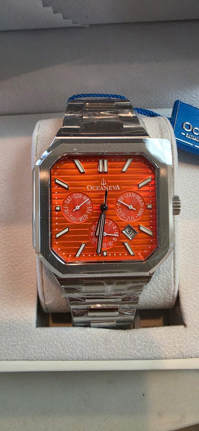 Customer photo review of Oceaneva Mens Tenuis Automatic Calendar Thin Watch Orange Dial