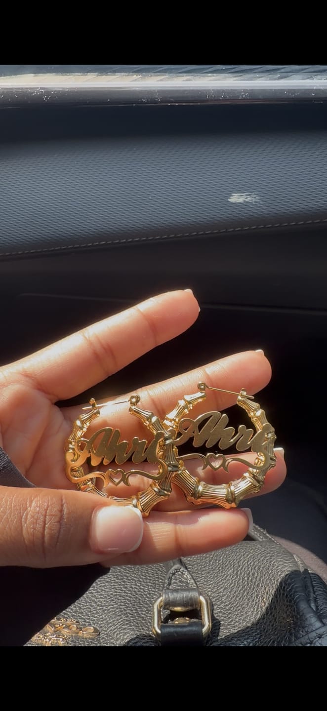 Customer photo review of Heart Outline Bamboo Name Hoop Earrings