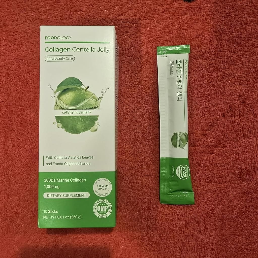 Customer photo review of FOODOLOGY Collagen Centella Jelly (Green Apple) – Collagen Peptide with PDRN – Biotin, Vitamin A & E for Skin Glow, Hair & Nails – 10 Sticks