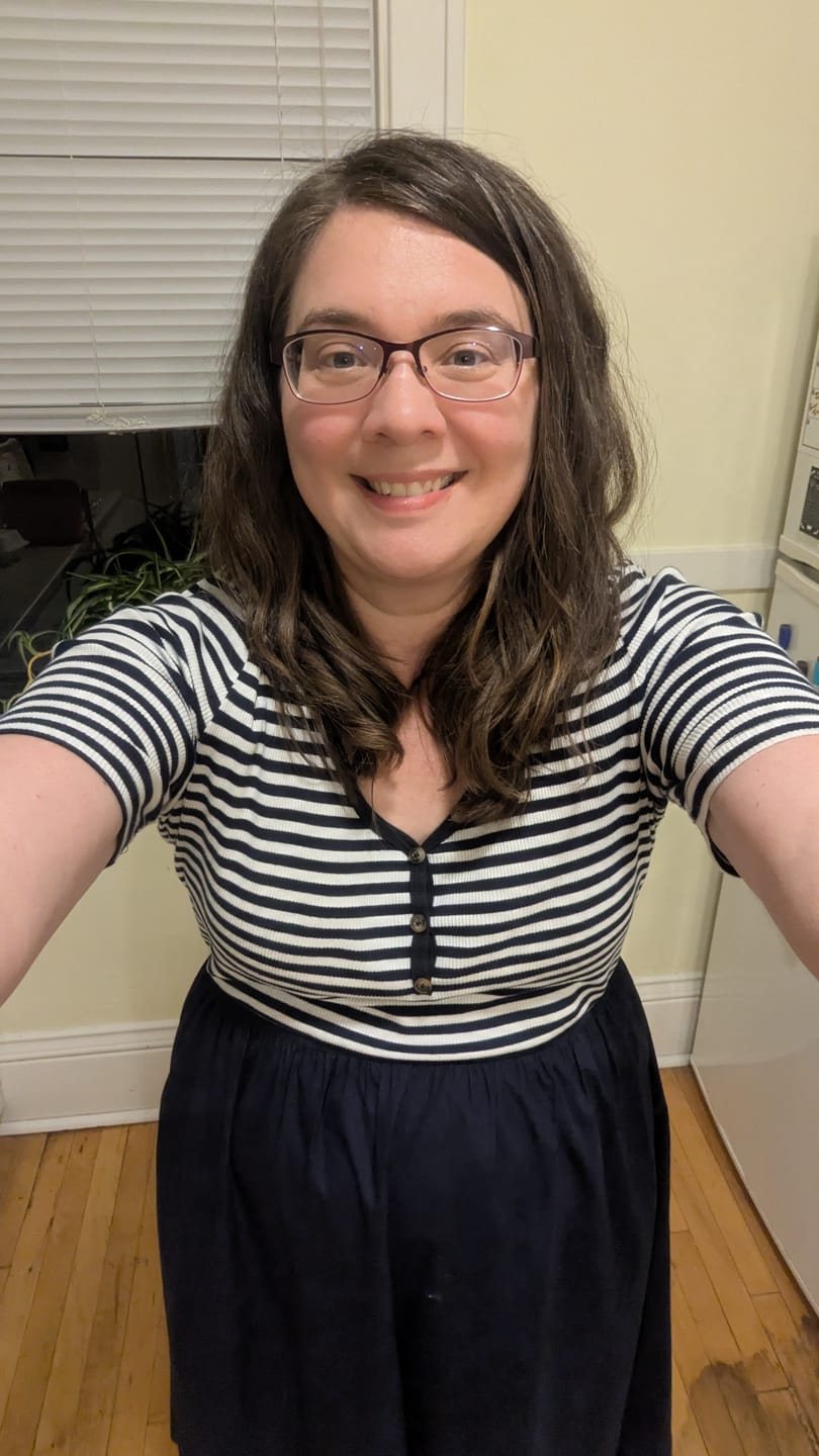 Customer photo review of Refined Contrast Button Dress