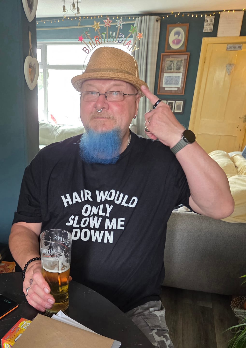 Customer photo review of Hair Would Only Slow Me Down T-Shirt