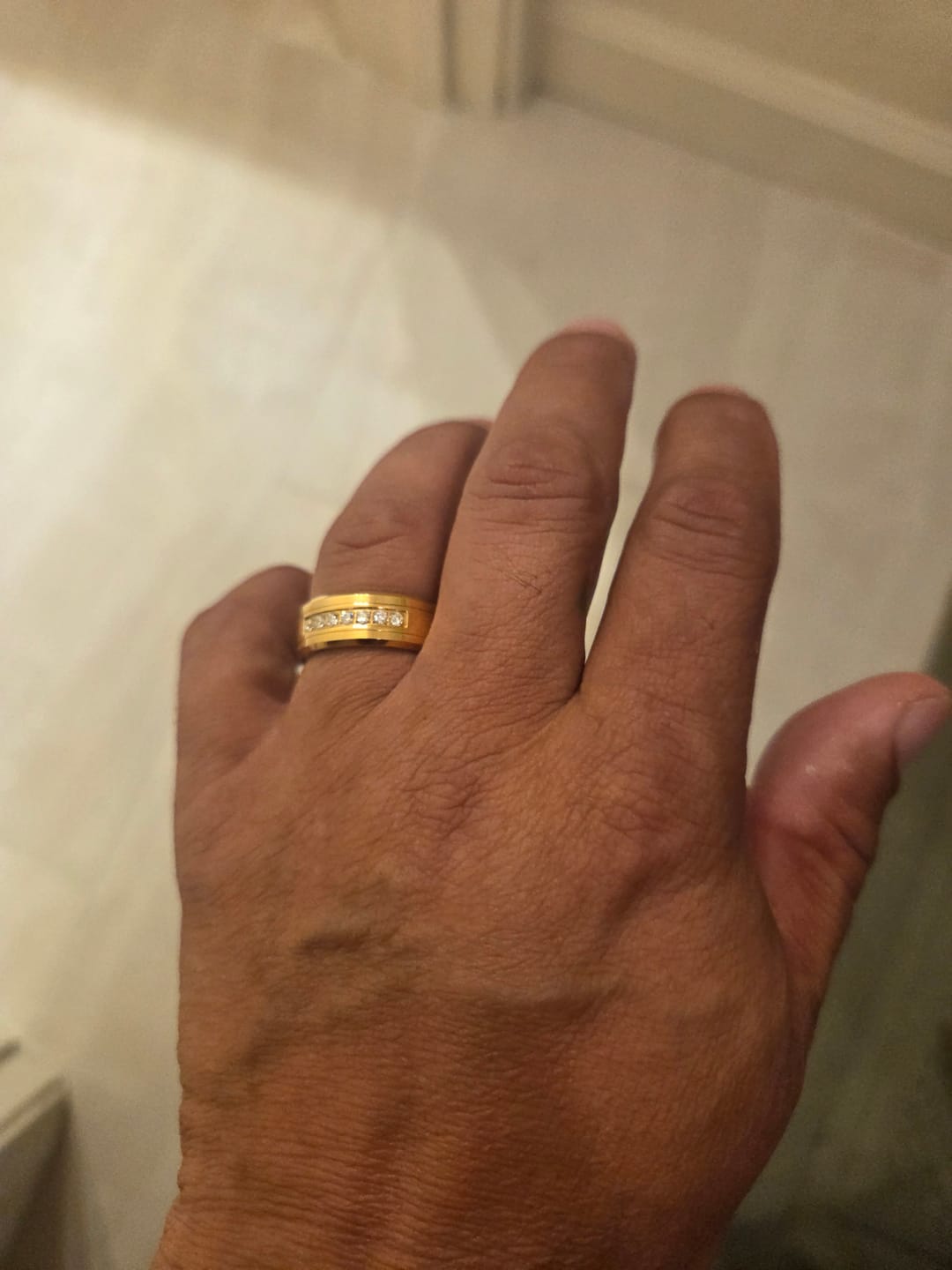 Customer photo review of 8mm - Gold Tungsten Wedding Band W/ 7 CZ Diamond Inlay High Polished