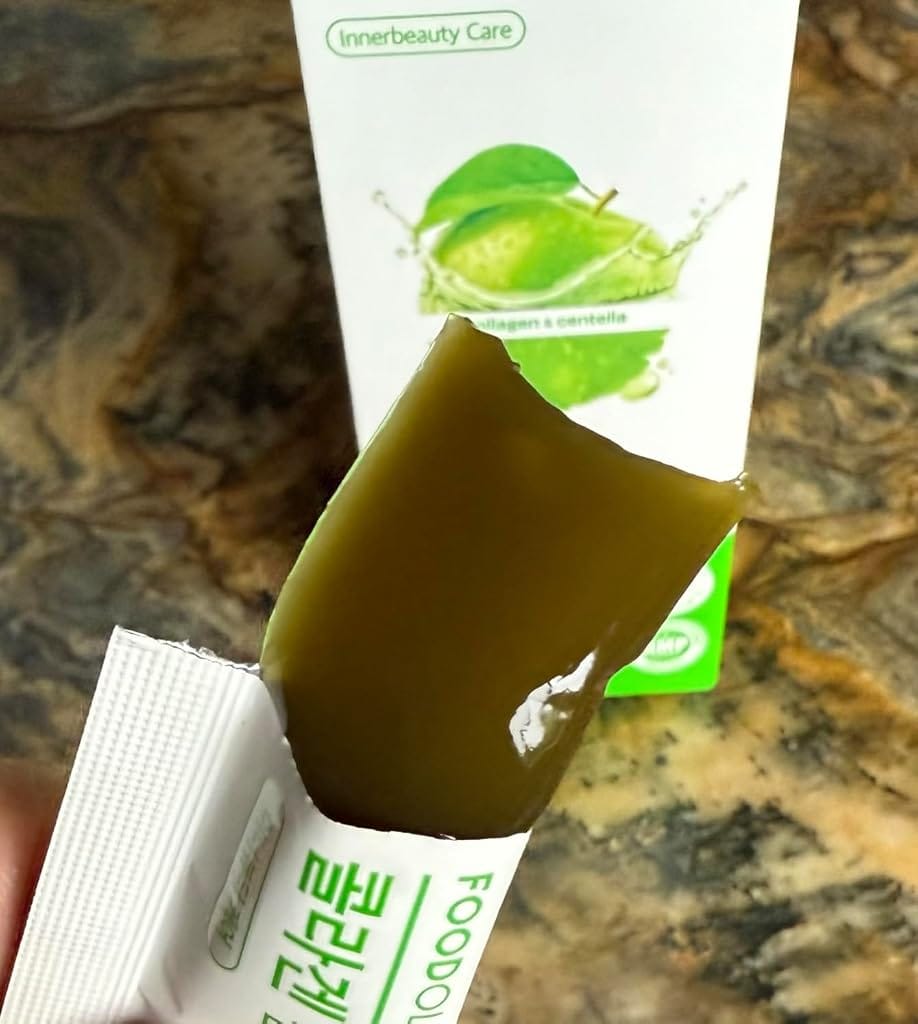 Customer photo review of FOODOLOGY Collagen Centella Jelly (Green Apple) – Collagen Peptide with PDRN – Biotin, Vitamin A & E for Skin Glow, Hair & Nails – 10 Sticks