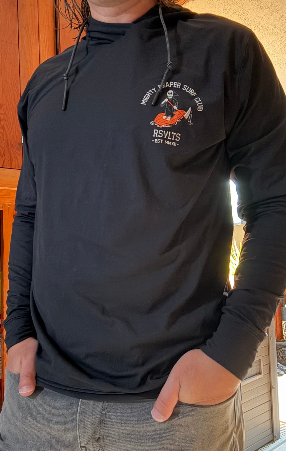 Customer photo review of Mighty Reaper Surf Club – Performance Hoodie