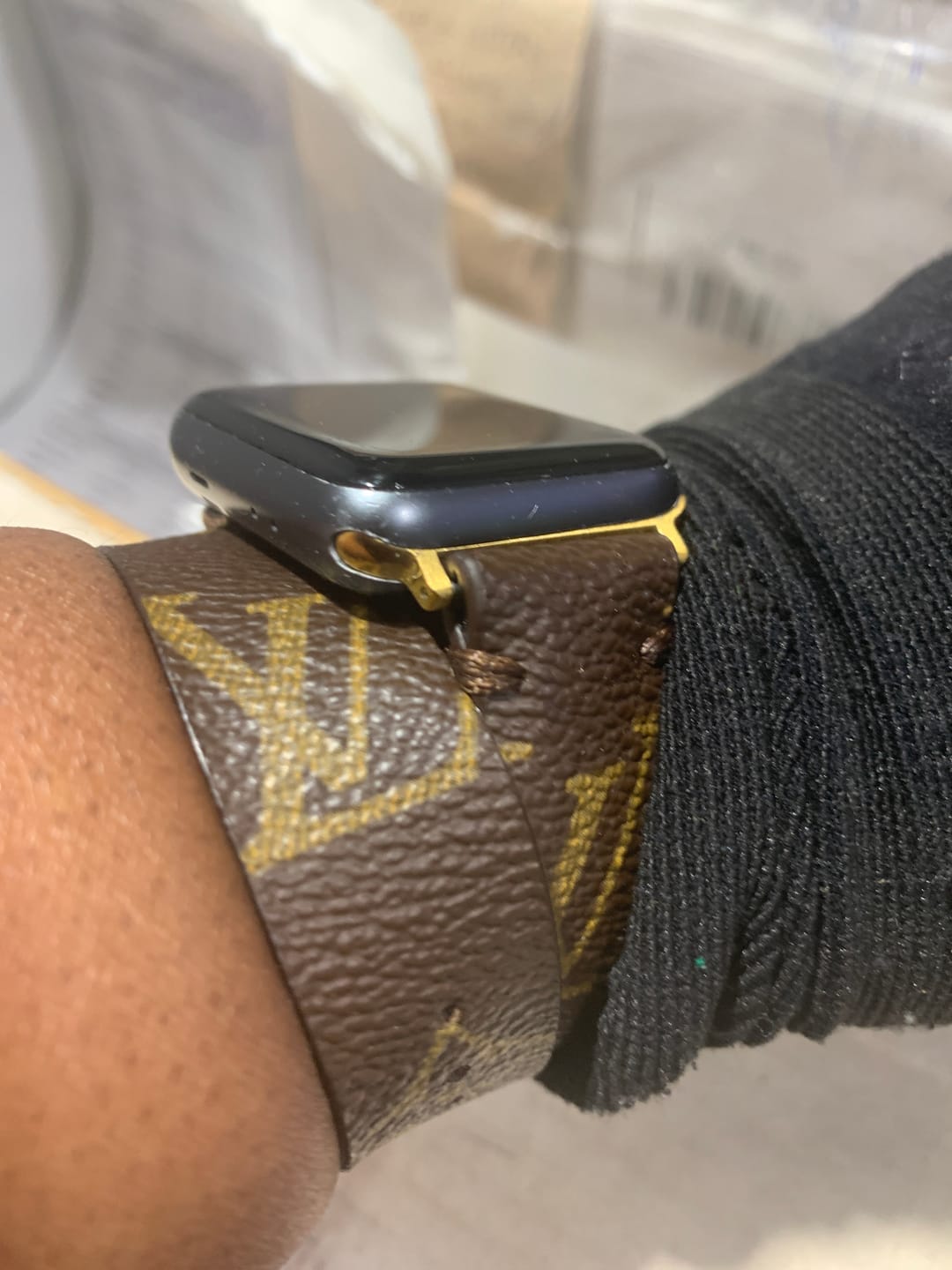 Customer photo review of Handmade Re-Purposed Double Turn Classic Brown Monogram Band for Apple Watch Series 1-10