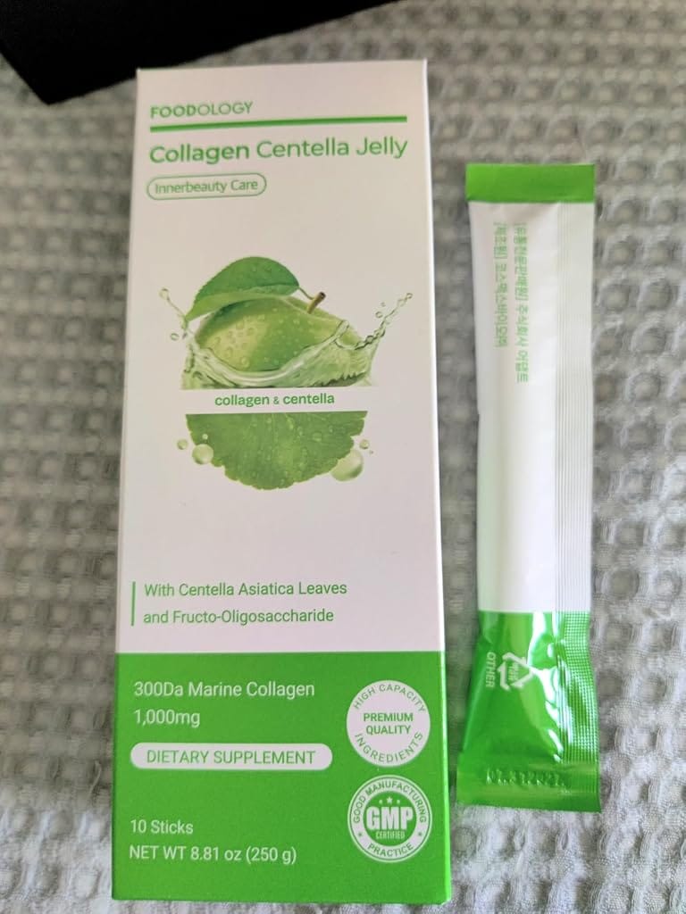 Customer photo review of FOODOLOGY Collagen Centella Jelly (Green Apple) – Collagen Peptide with PDRN – Biotin, Vitamin A & E for Skin Glow, Hair & Nails – 10 Sticks